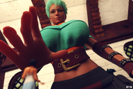 glasses green_hair reaching shrunken_person point_of_view looking_at_tiny digital_render innocent-owl
