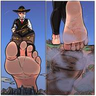 drawing giantess giga city color destruction barefoot foot_crush looking_down foot_print hat raised_foot overwatch ashe guireyart10