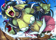 drawing giantess color large_breasts long_hair mouth teeth cleavage water red_eyes blue_hair angry video_game screaming splash chains green_skin shantae roar giga_mermaid shantae_half-genie_hero ryuusei