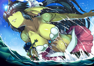 drawing gentle giantess color large_breasts long_hair blue_eyes mouth teeth water ocean blue_hair swimming video_game splash chains green_skin shantae giga_mermaid shantae_half-genie_hero ryuusei