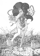 drawing giantess mega monochrome long_hair destruction anime giantess_night cat_girl darkstalkers felicia_(darkstalkers)