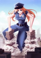 drawing giantess blonde color long_hair destruction clothed cleavage buildings looking_down angelgts police_officer