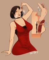 drawing vore color large_breasts cum saliva brunette dress short_hair blowjob resident_evil no_background ada_wong leon_kennedy dalipuff