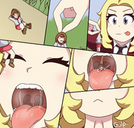 drawing pokemon vore blonde comic color tongue blue_eyes mouth brunette shrunken_woman open_mouth between_fingers licking_lips lass sweebie gloria_(pokemon)