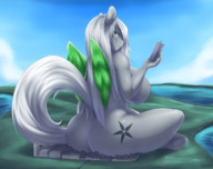drawing giantess white_hair nude giga wings city color butt destruction handheld butt_crush huge_breasts looking_back mleonheart
