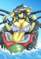 drawing giantess color large_breasts long_hair teeth cleavage water blue_hair video_game chains green_skin giga_mermaid shantae_half-genie_hero usagiforehead