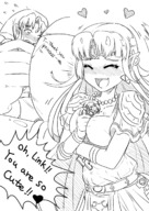 drawing giantess blonde monochrome clothed shrunken_man hugging dialogue the_legend_of_zelda preesoul between_breasts link_(the_legend_of_zelda) princess_zelda_(the_legend_of_zelda)