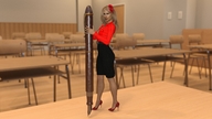 blonde high_heels shrunken_woman pen looking_at_viewer classroom digital_render