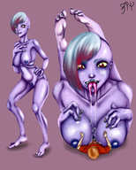 drawing nude color tongue saliva breast_crush monster_girl sharp_teeth no_background 3fy between_breasts saliva_drool violet_skin