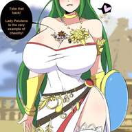 drawing color long_hair cleavage huge_breasts green_hair pit palutena kid_icarus between_breasts