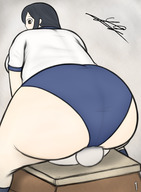 drawing black_hair long_hair clothed butt_crush sitting looking_down no_background yamumil bloomers