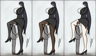 drawing black_hair long_hair high_heels huge_breasts mini_giantess nylons suit no_background yamumil arms_folded