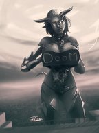 drawing giantess collage horns city mega monochrome large_breasts destruction breast_crush resizestuff