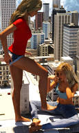 giantess feet city blonde barefoot sitting looking_down giantesses raised_foot imminent_crush digital_render tegrasaurus