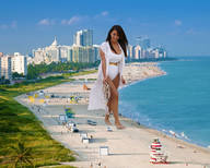 breasts giantess collage city mega black_hair swimsuit beach barefoot water ocean looking_down gtsfanpl