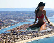 giantess collage giga city flood black_hair swimsuit destruction beach cleavage looking_down sunglasses kosm1ta
