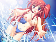 breasts drawing giantess blushing mega color long_hair swimsuit drawing_collage topless purple_eyes red_hair airplane ships