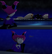 breasts drawing giantess blushing giga city mega sleeping color large_breasts purple_hair pink_hair raven teen_titans boots pink_eyes belt leotard dc_comics bare_legs grey_skin ravenravenraven jinx_(teen_titans)