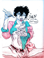 breasts giantess panties vore black_hair blood shrunken short_hair sitting food cruel chinese chopsticks dialogue no_background takeout makegirlsbigagain