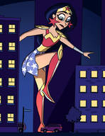 drawing giantess city mega black_hair color long_hair armor skirt buildings street boots vehicles night costume wonder_woman raised_foot tiara dc_comics caiman2 dc_super_hero_girls