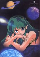 drawing giantess horns space color planet anime urusei_yatsura green_hair planets looking_at_viewer cosmic_giantess