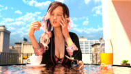 vore city long_hair cleavage sitting spoon shrunken_people outdoors closed_eyes imminent_vore digital_render marshgts