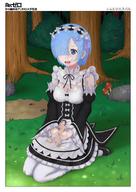 drawing giantess blue_hair smiling short_hair unknown_artist kneeling maid_uniform outdoors in_lap rem rezero