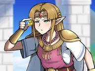 drawing blonde color long_hair blue_eyes clothed elf shrunken_man video_game outdoors necklace belt mr._game_and_watch triforce looking_at_tiny pointed_ears the_legend_of_zelda squinting super_smash_bros._ultimate super_smash_bros. princess_zelda_(the_legend_of_zelda) phiphiauthon