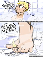 breasts drawing crush blonde color long_hair barefoot brunette shower short_hair unaware shrunken_woman under_foot dialogue marvel_comics hope_van_dyne captain_marvel the_wasp carol_danvers kimberco