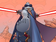 breasts drawing giantess mega alien blonde color blue_eyes toes barefoot skirt desert brunette gloves ponytail foot_crush star_wars point_of_view belt leper white_skin imminent_crush lightsaber looking_at_tiny sith bald padme_amidala padme dathomirian asajj_ventress satine_kryze