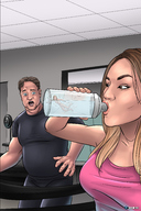 drawing nude large_breasts clothed water brunette couple bottle workout shrunken_woman swimming drinking indoors imminent_vore gym shrinkfan