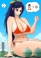 drawing giantess blushing color large_breasts swimsuit cleavage blue_hair sitting power_lines オレンジ orenji