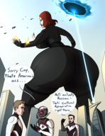 breasts drawing giantess city mega black_hair color long_hair butt buildings huge_breasts brunette red_hair portal fighting skyscraper avengers costume ant-man new_york_city belt jumpsuit behind_view helmet iron_man captain_america thick_thighs black_widow marvel_comics caiman2 avengers_tower scott_lang