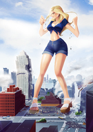 breasts drawing giantess city mega blonde color destruction rampage high_heels shorts earrings angelgts bare_midriff