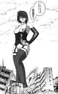 breasts drawing giantess crush blushing mega monochrome destruction stockings topless short_hair bottomless giantess_night