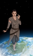 breasts drawing giantess giga space color long_hair destruction barefoot brunette smiling star_wars walking looking_down belt bluerune93 foot_prints rey_(star_wars)