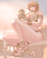 drawing giantess color large_breasts sitting sandals shrunken_people drinking thighs bikuta scantily_clad