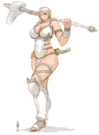 drawing giantess color large_breasts brunette sandals warrior hammer bikuta no_background warrioress skimpy_clothing battlehammer