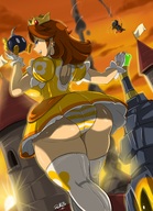 drawing giantess panties upskirt color large_breasts destruction clothed skirt castle red_hair daisy nintendo open_mouth large_butt super_mario princess_daisy shonuff44 daisy_(mario)