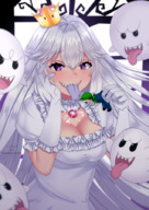 drawing giantess white_hair color licking cleavage purple_eyes nintendo crown luigi super_mario video_game sharp_teeth boo booette king_boo super_crown babycado