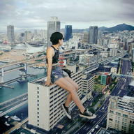 giantess collage city brunette asian street sitting sunglasses sitting_on_building kyojingirls