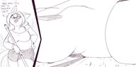 drawing micro furry anthro comic monochrome large_breasts toes barefoot shorts unaware dialogue panels annoyed sweeping nikki_(dod) misterdod