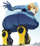drawing blonde color long_hair high_heels samus_aran ponytail zero_suit shrunken_people looking_down annoyed no_background zero_suit_samus worshipping anon ravenravenraven