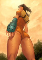 drawing giantess long_hair brunette sweat low_angle unknown_artist twintails outdoors gauntlets skintight_clothing shining