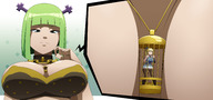 breasts drawing giantess blonde color bra green_hair ponytail collar shrunken_woman looking_down cage trapped fairy_tail necklace top lucy_heartfilia brandish cutaway ravenravenraven human_jewelry between_breasts