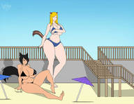 bikini drawing giantess tail blonde long_hair beach glasses huge_breasts smiling unknown_artist sitting giantesses outdoors umbrella
