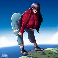 giantess blushing giga city black_hair long_hair huge_breasts unknown_artist bending_over looking_down mountains outdoors converse big_butt ripped_clothing hair_covering_eyes