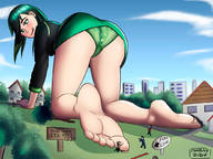 drawing panties upskirt destruction toes barefoot soles smiling green_hair foot_worship crawling hugging houses looking_back licking_lips sign echo charlydibu