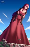 giantess blushing city large_breasts long_hair cleavage dress bending_over looking_down outdoors zeppelin charlydibu