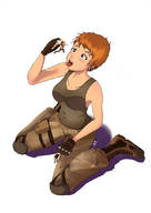 vore blushing tongue brunette short_hair boots unknown_artist sitting open_mouth between_fingers top held_over_mouth no_background pinched